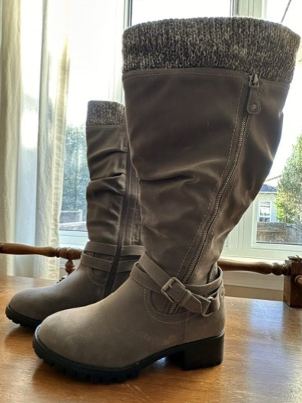 Taupe Knee High Buckle Boots Knit Cuff Lug Sole